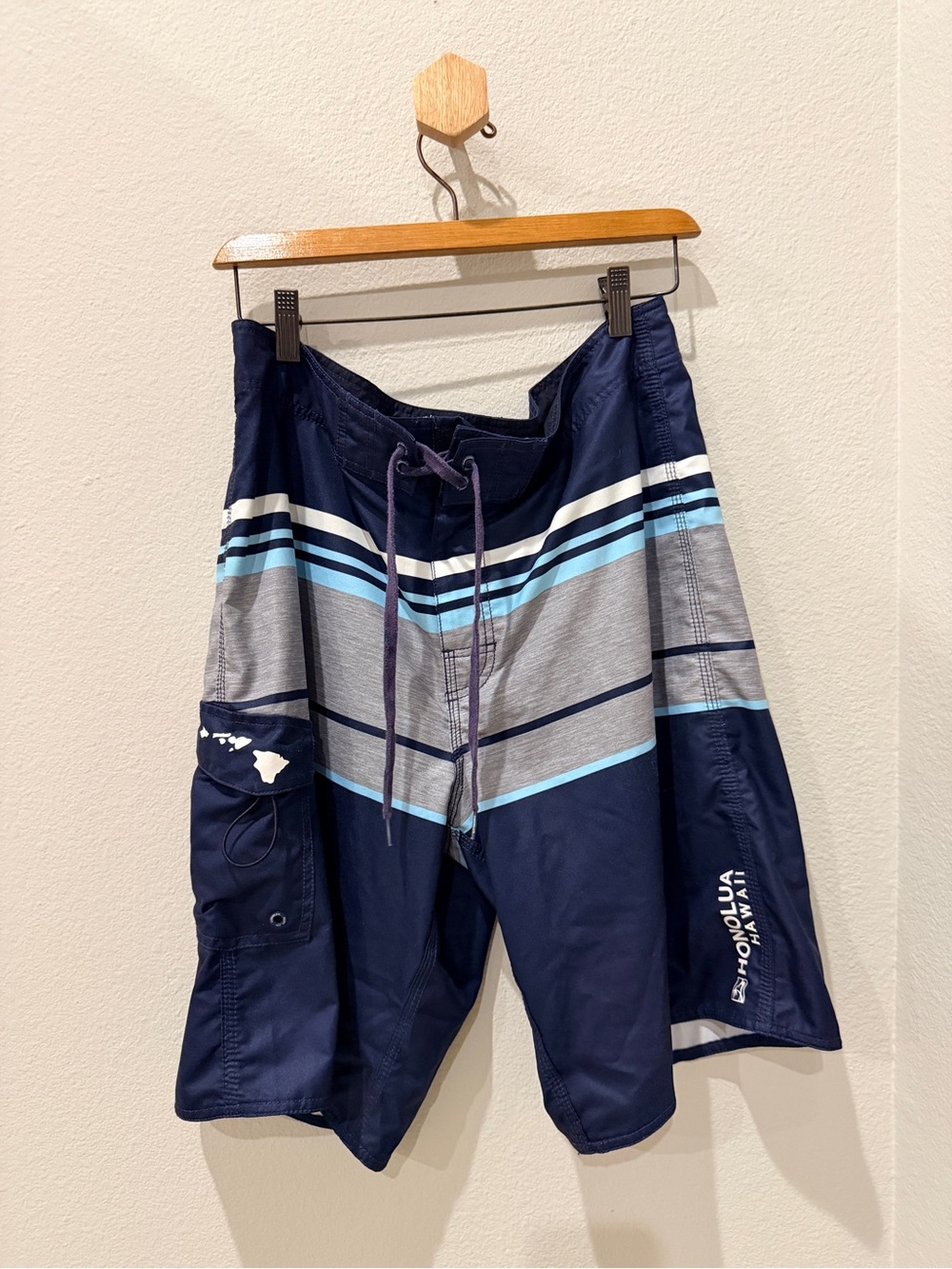 Honolua Navy Blue Striped Board Shorts with Light Blue Accents